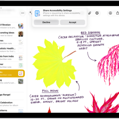 An iPad showing a notification that Danny's iPhone is requesting to share accessibility settings.