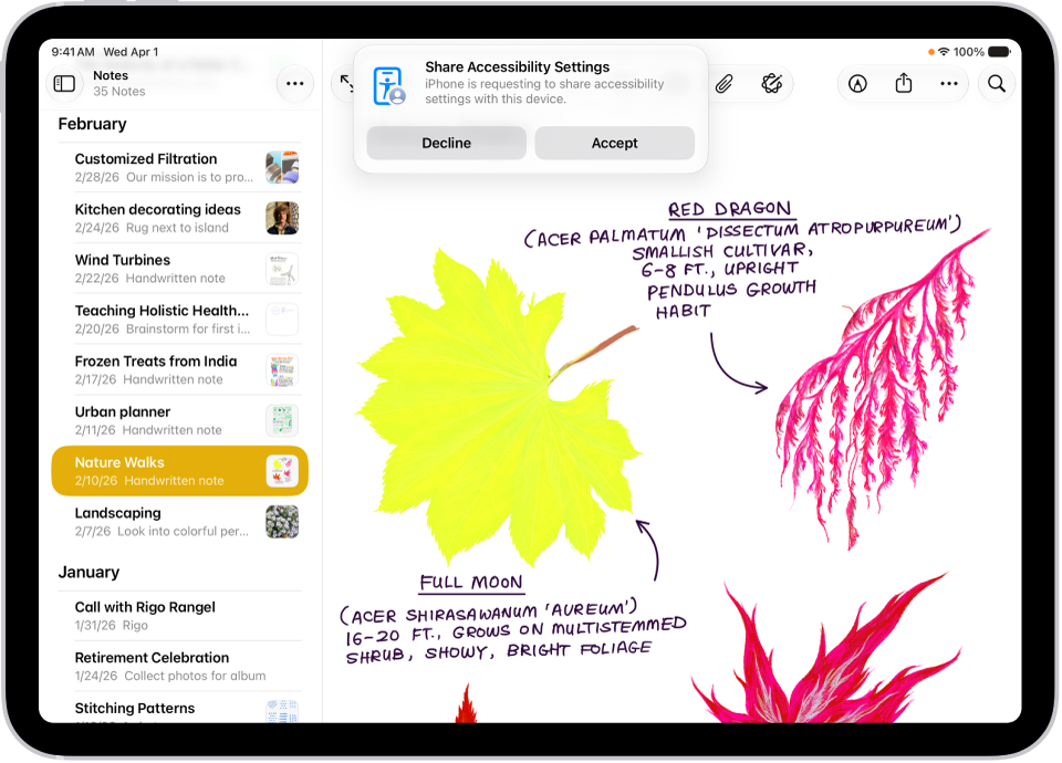 An iPad showing a notification that Danny’s iPhone is requesting to share accessibility settings.