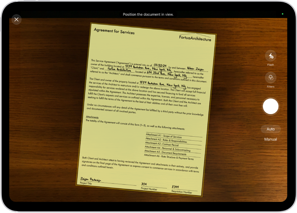 A screen showing a document being scanned. The Take Picture button is on the right.