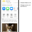 A collaboration invitation to a recipe in Notes, showing Share a Link for the share option and "People you choose can edit" as the access and permission setting. Below that, four different ways to share the note are presented: AirDrop, Messages, Mail, and Reminders.