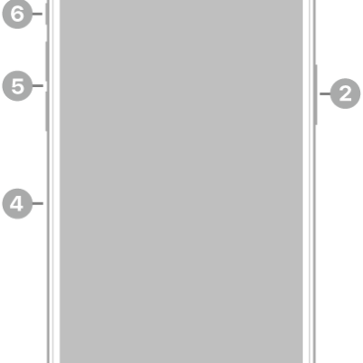 The front view of iPhone 14 Pro Max. The front camera is at the top center. The side button is on the right side. The Lightning connector is on the bottom. On the left side, from bottom to top, are the SIM tray, the volume buttons, and the Ring/Silent switch.