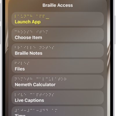 An iPhone with the Braille Access menu open, showing the following options: Launch App, Choose Item, Braille Notes, BRF Files, Nemeth Calculator, Live Captions, and Time.