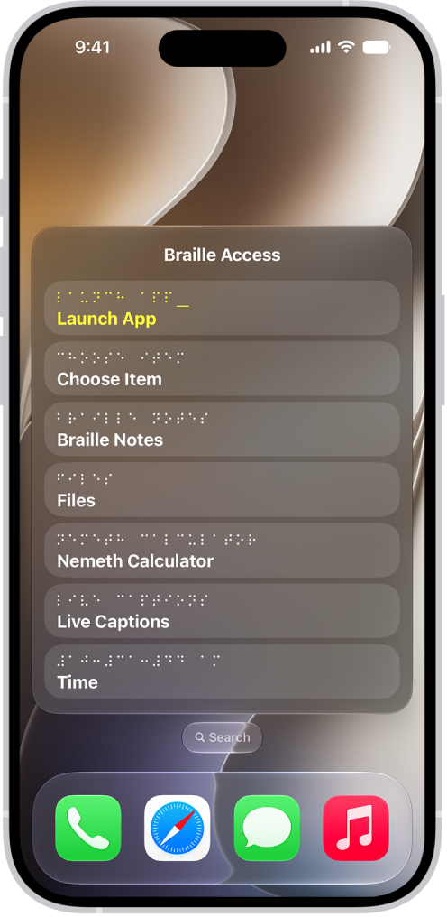 An iPhone with the Braille Access menu open, showing the following options: Launch App, Choose Item, Braille Notes, BRF Files, Nemeth Calculator, Live Captions, and Time.