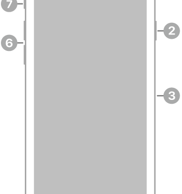 The front view of iPhone SE (3rd generation). The front camera is at the top, to the left of the speaker. On the right side, from top to bottom, are the side button and the SIM tray. The Home button is at the bottom center. The Lightning connector is on the bottom edge. On the left side, from bottom to top, are the volume buttons and the Ring/Silent switch.