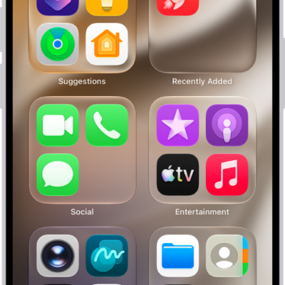 App Library on iPhone showing the apps organized by category (Utilities, Social, Entertainment, and so on).