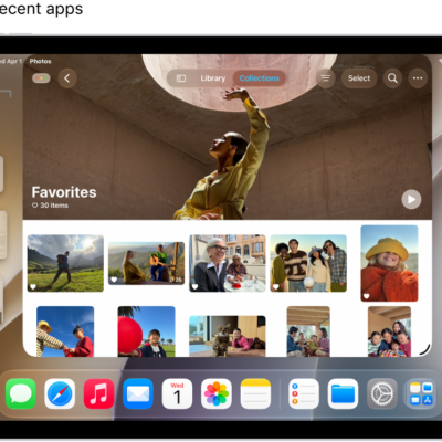 An iPad display with Stage Manager turned on. The current window is in the front, and other recent apps are in a list on the left side of the screen.