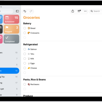 The Reminders app, showing a grocery list with items in categories such as Produce and Seafood.